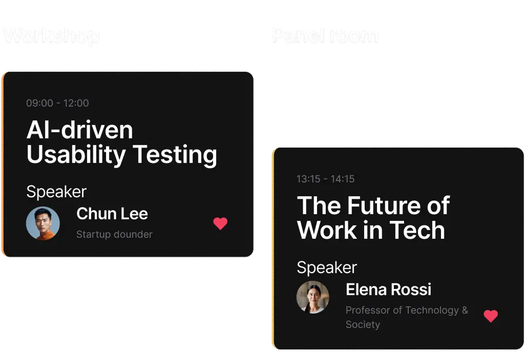 Schedule cards preview with workshop and panel sessions