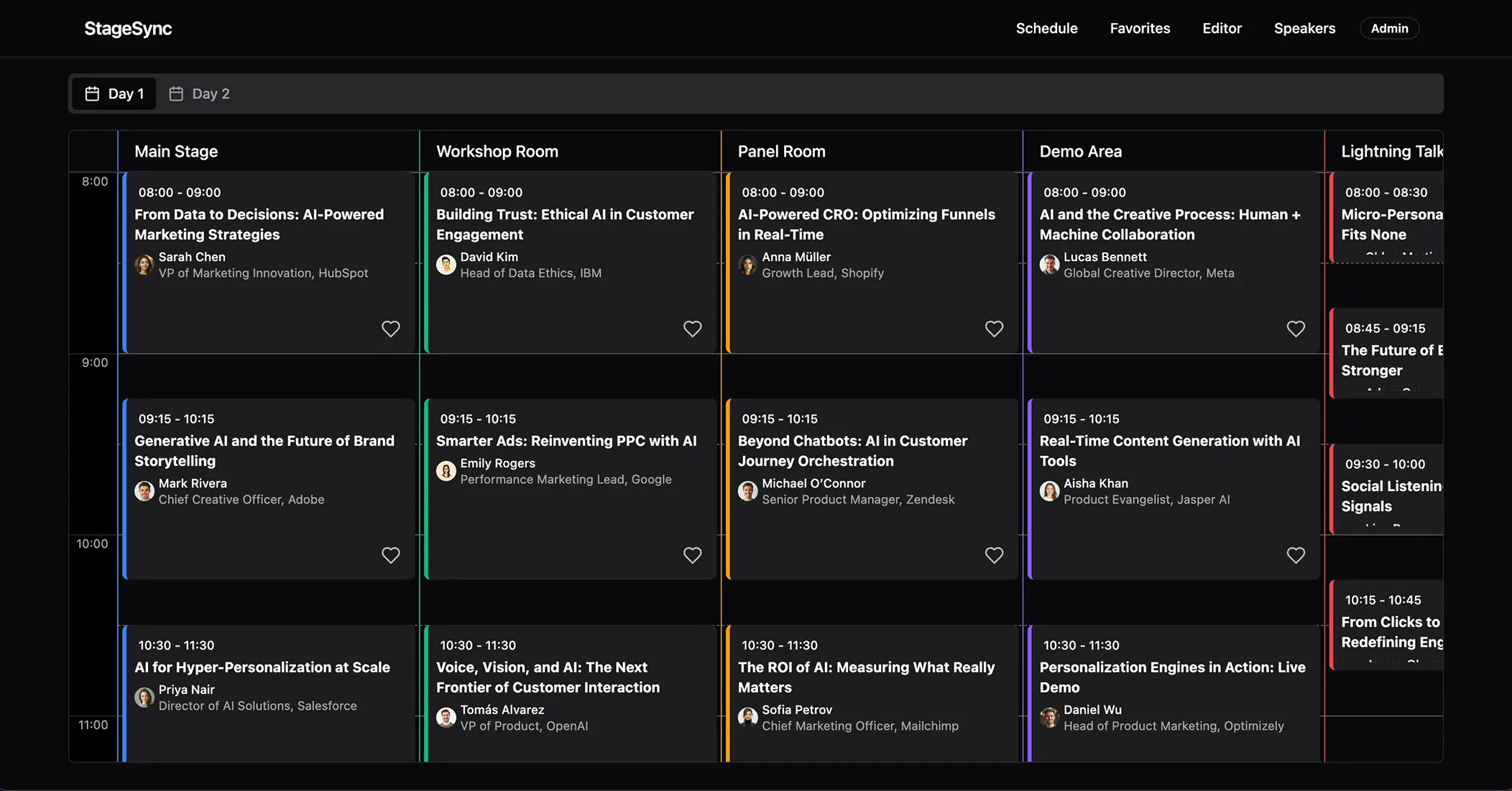 StageSync schedule view with sessions grouped by stage and time
