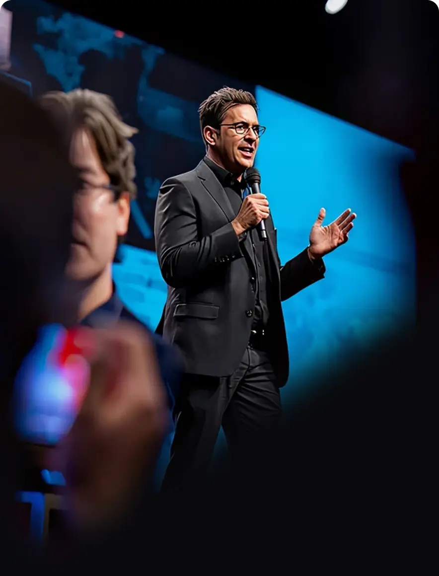 Conference speakers presenting on stage
